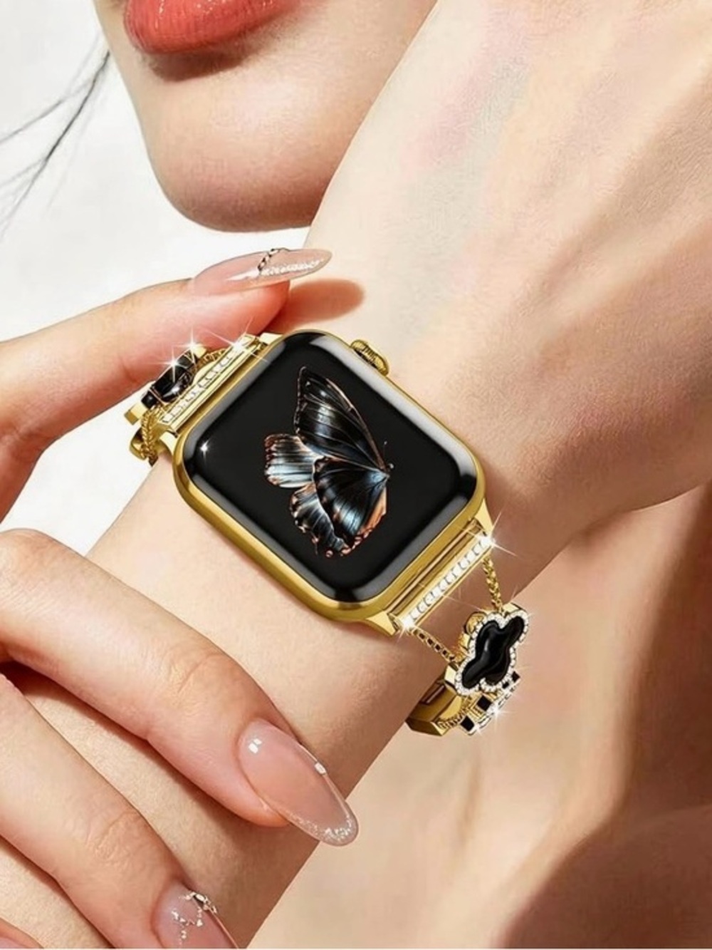 Gold Crystal Clover Bracelet Band for Smartwatch - Black Inlay